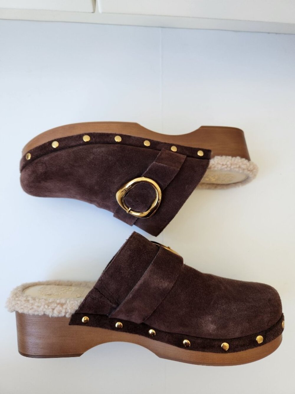 Vince Camuto Canzenee Brown Suede Shearling Sherpa Clogs Comfy Cozy Cute Boho - Picture 2 of 9